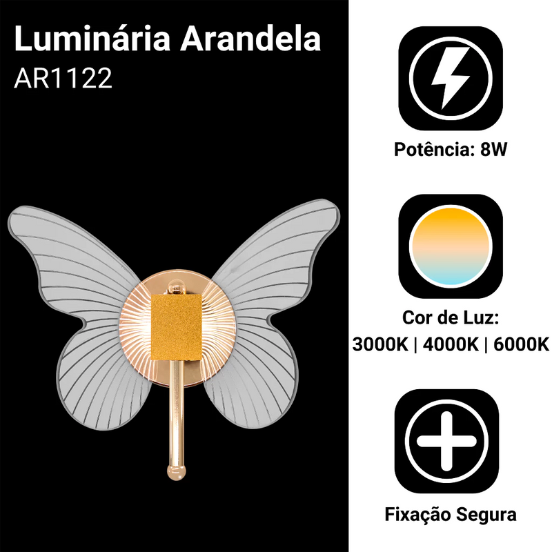 Arandela LED Borboleta Light Dourada